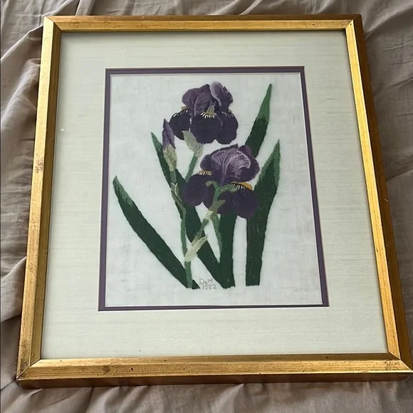 ▫️Vtg Embroidery Iris Gold Framed Wall Decor - Picture 2 of 6